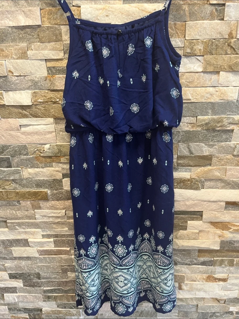My Michelle Navy Blue Boho Printed Sundress with Teal Tassel